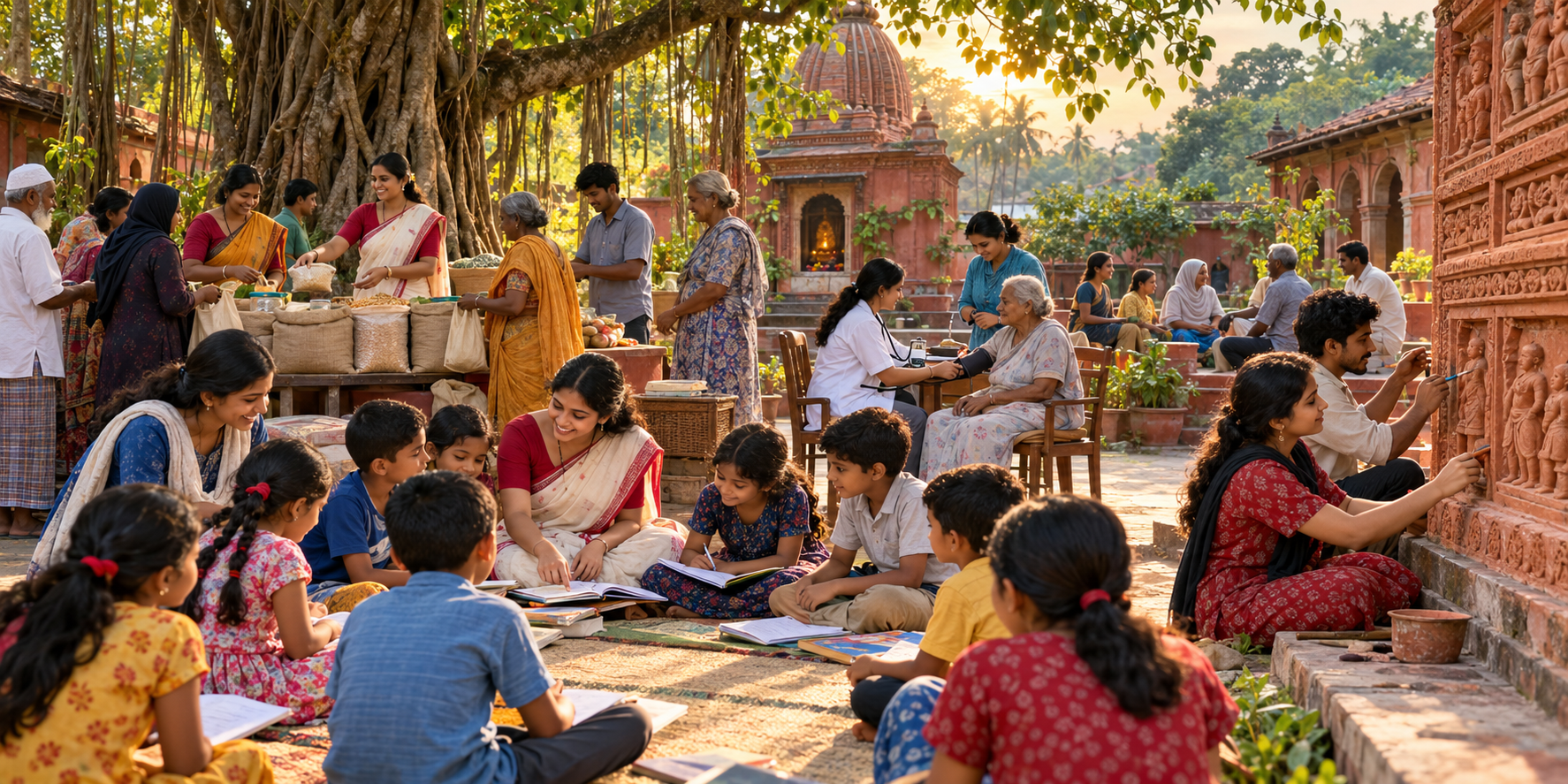 Volunteers teach children, distribute food, provide a health check and restore terracotta craftwork in a Bengal temple courtyard.