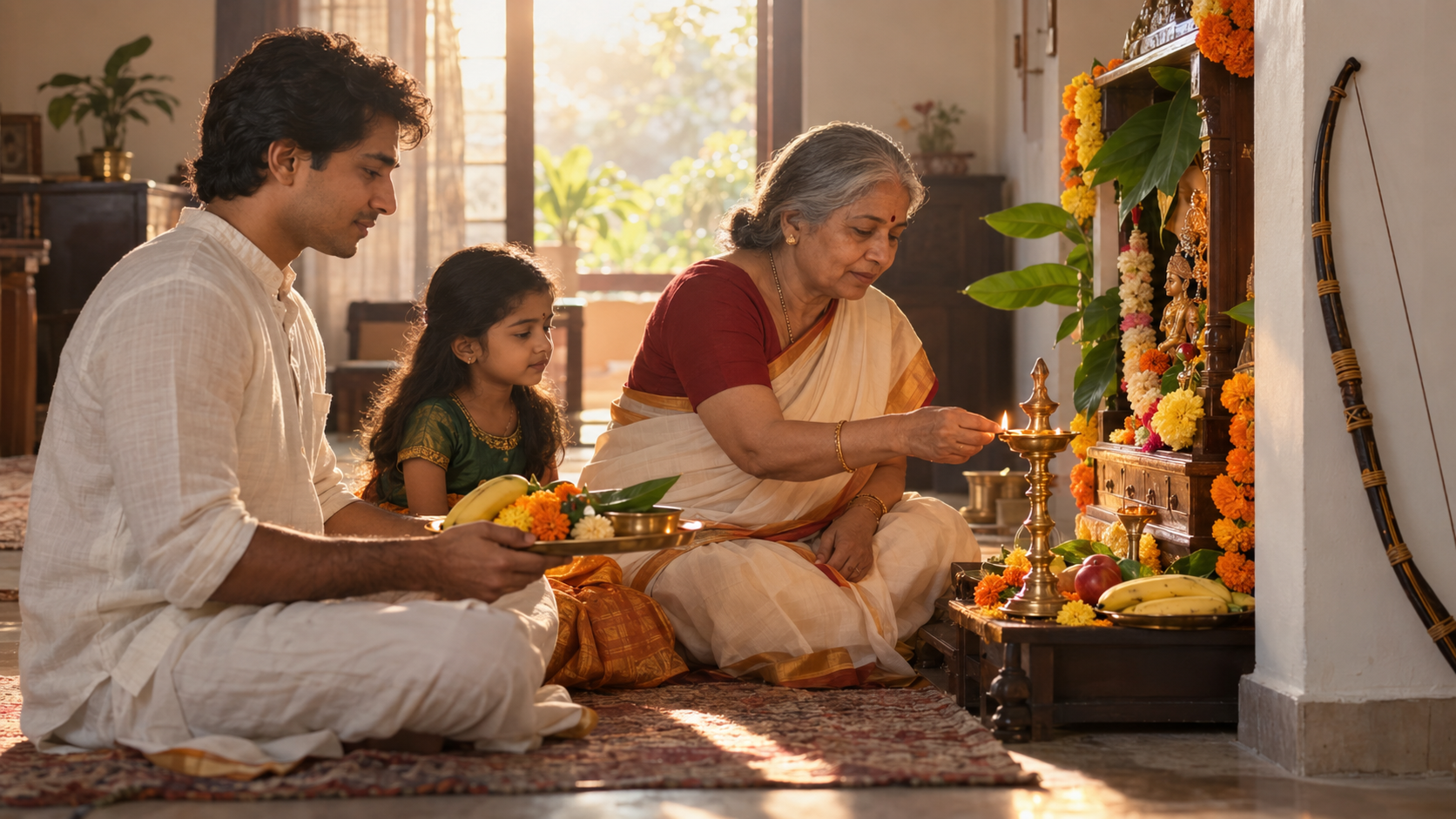 A multigenerational family lights a brass lamp beside a simple flower-decorated home shrine for Vijayadashami.