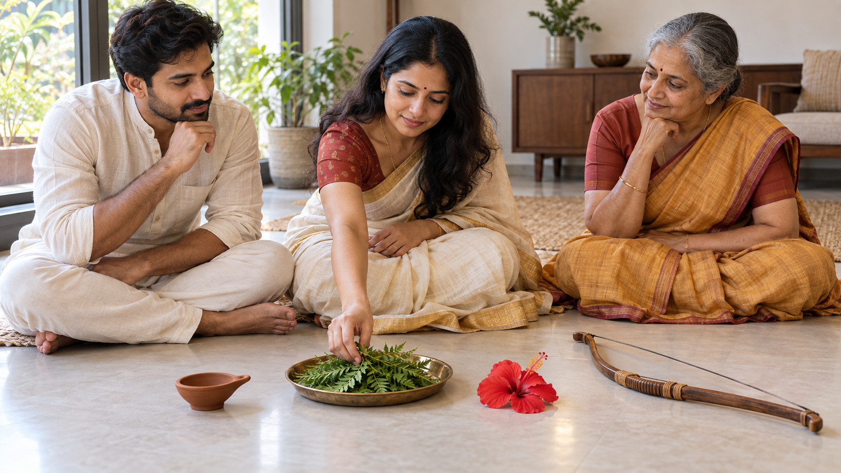 Three family members choose one set of ritual objects for their Vijayadashami home observance.