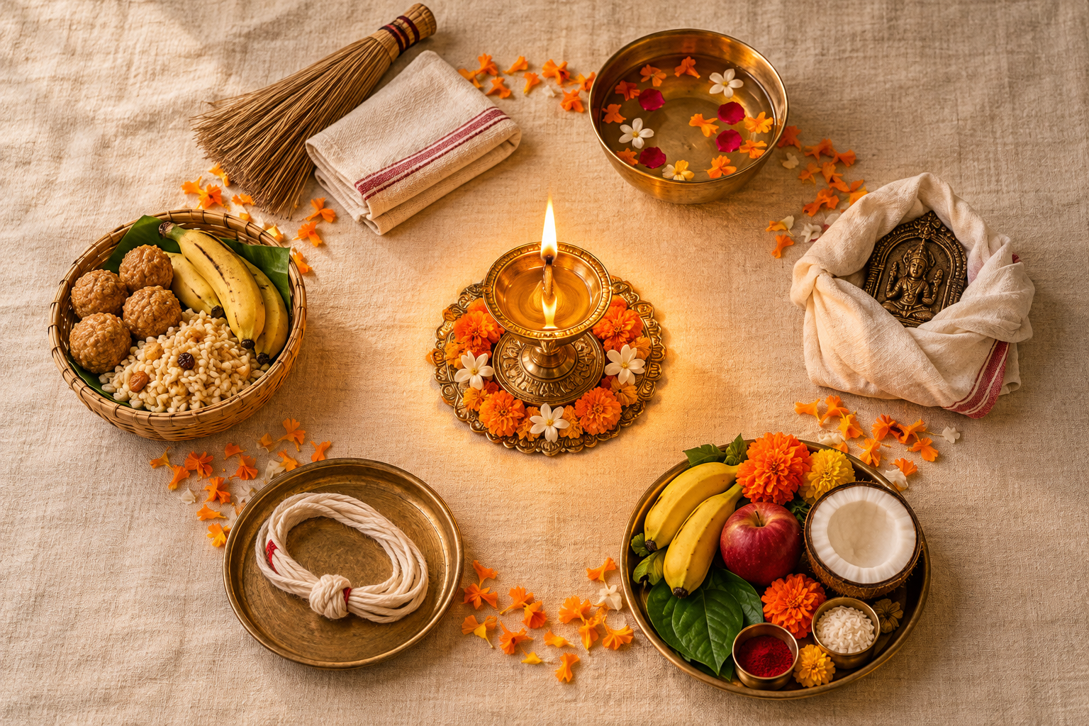 Six household and ritual objects are arranged in a circle around a lit brass lamp to represent stages of a home observance.