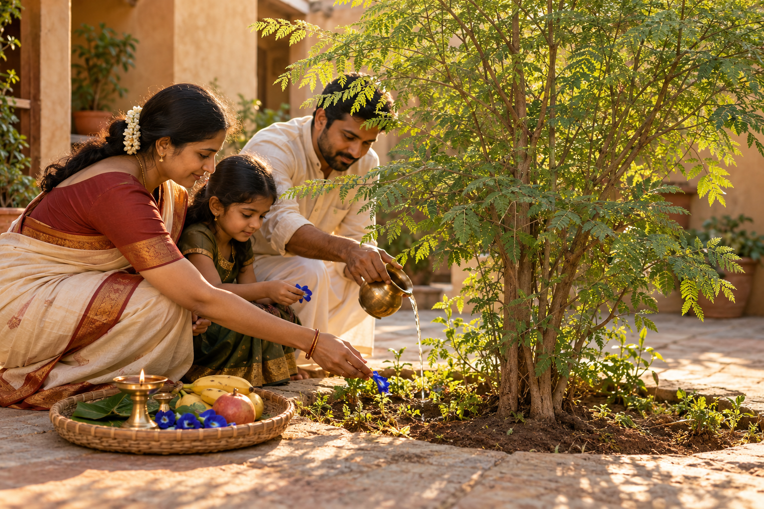 A family offers water and flowers beside a living Shami tree, with blue Aparajita flowers on a woven tray.