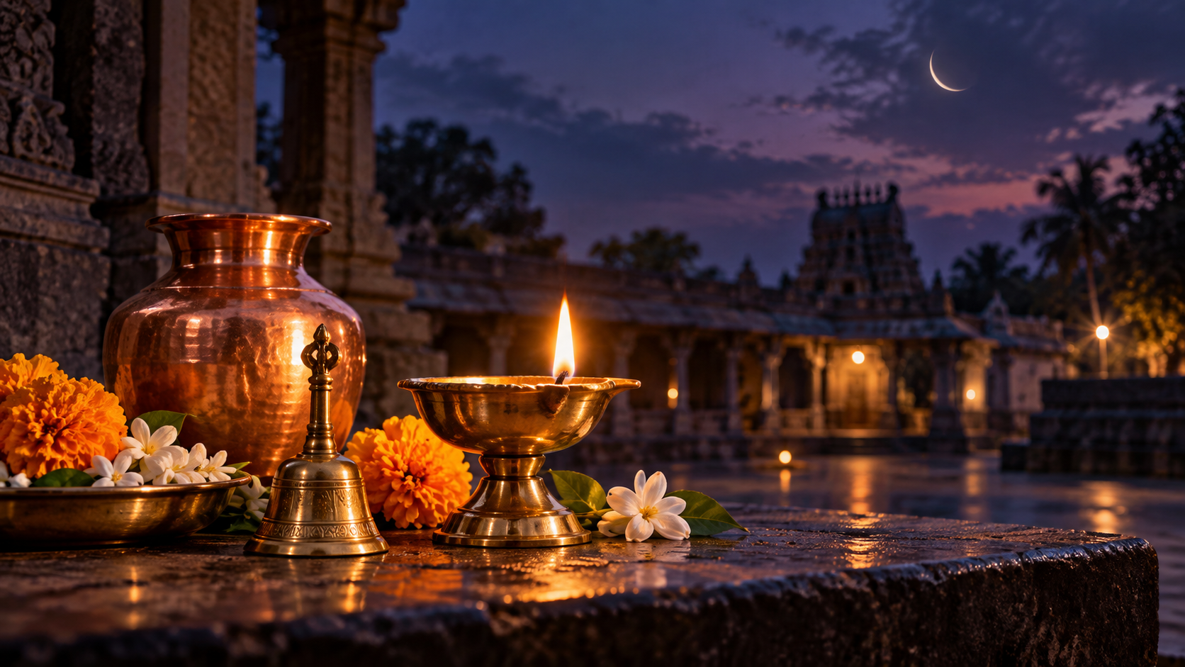 A glowing brass oil lamp, bell, flowers, and copper vessel arranged in a temple courtyard beneath an indigo sky and a slender waning moon.