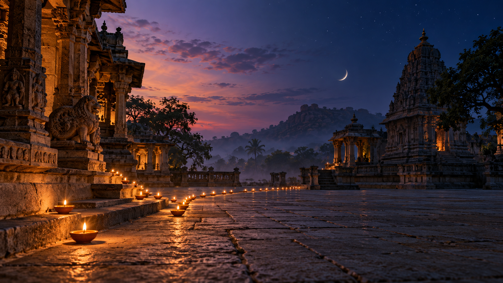 A row of clay lamps crosses a temple courtyard from violet evening light into a deeper indigo night beneath a waning crescent moon.