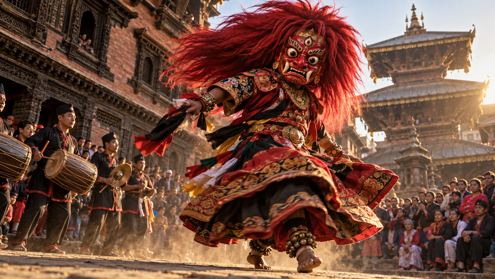 A Majipa Lakhey dancer in a fierce red mask and sweeping red hair performs before a crowd in a historic Kathmandu square.