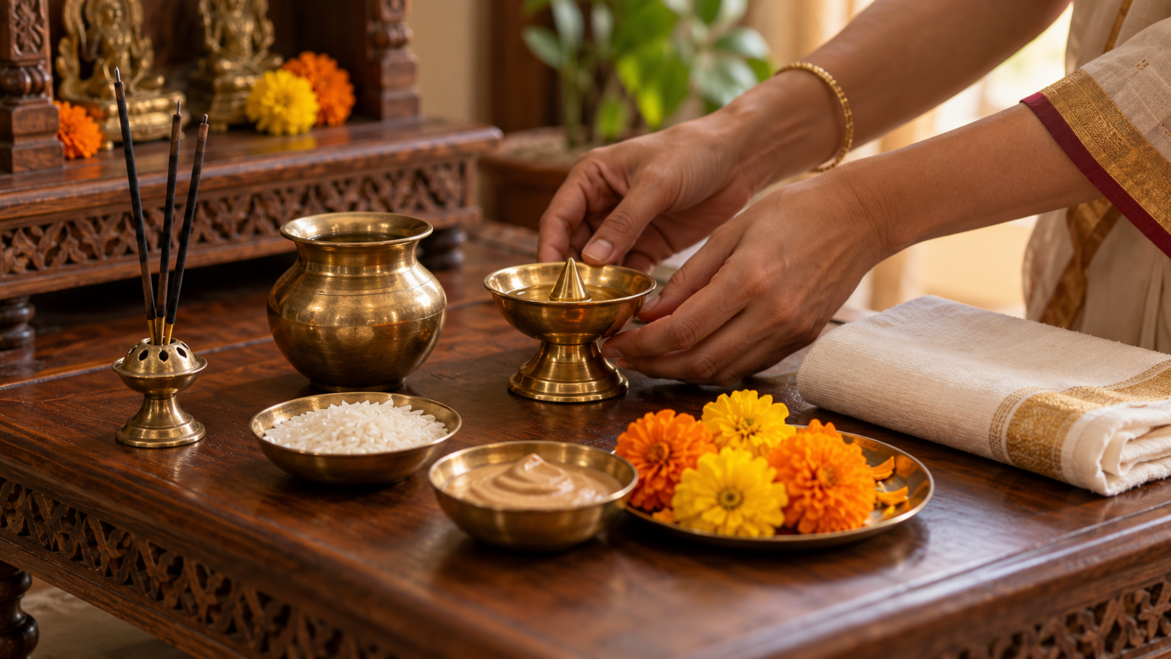 Adult hands arrange a brass lamp, flowers, rice, incense, and a water vessel on a wooden home altar before a Hindu observance.