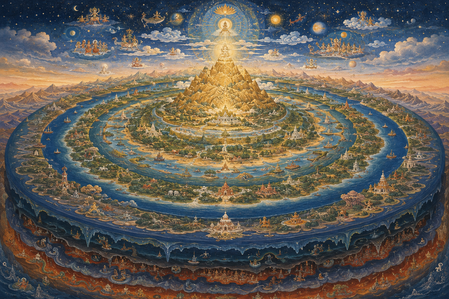 An illustrated sacred cosmos with a golden central mountain, concentric lands and oceans, and luminous realms arranged above and below.