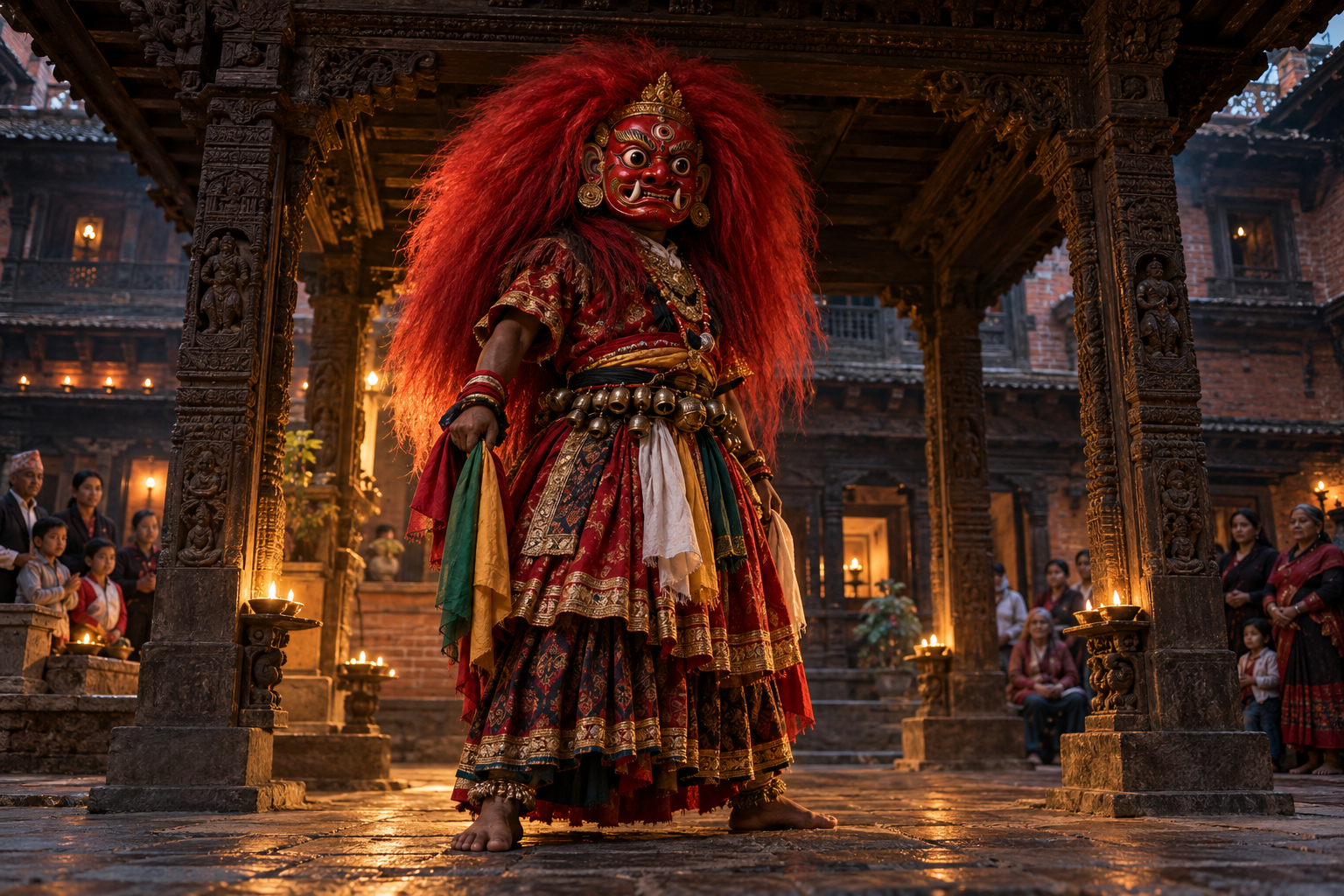 A costumed Majipa Lakhey performer stands in a Newar courtyard with one side of the fierce mask in shadow and the other in warm light.
