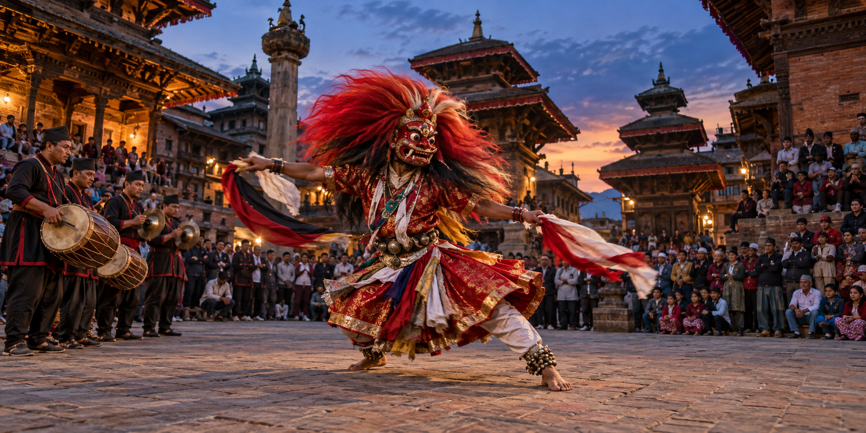 A Majipa Lakhey dancer takes a wide step as red hair and ceremonial garments sweep through the air beside festival musicians.