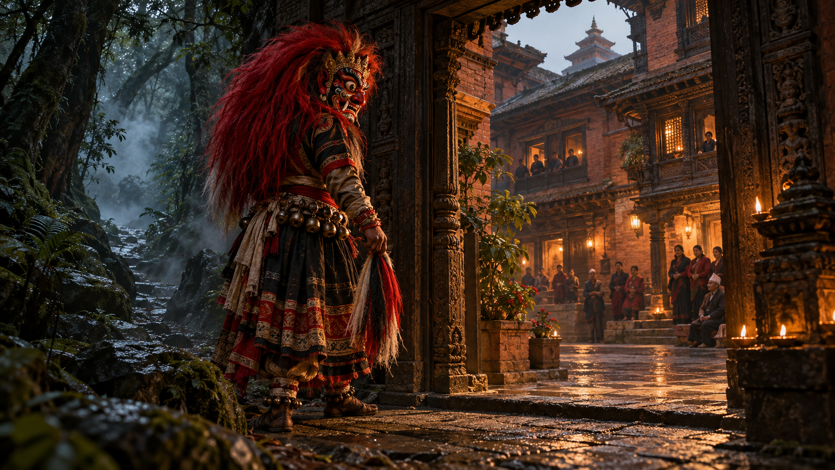 A fierce masked Lakhey figure stands between a misty forest path and a warmly lit Newar courtyard in Kathmandu.