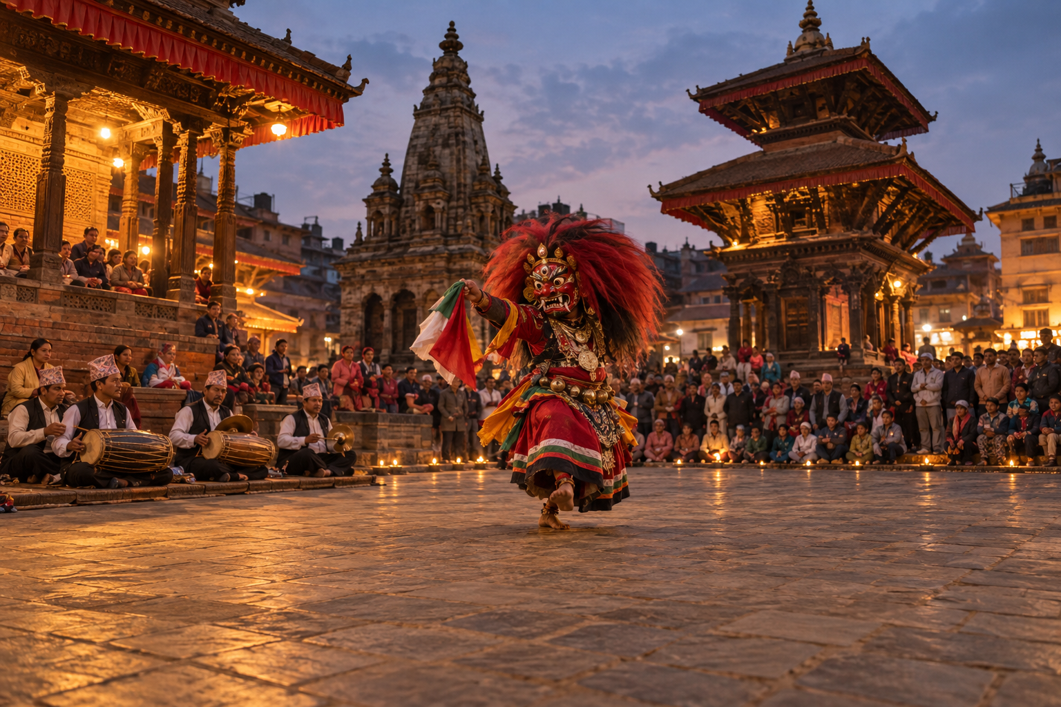 Spectators watch from the edge of an open performance circle as Majipa Lakhey dances with musicians in a Kathmandu square.