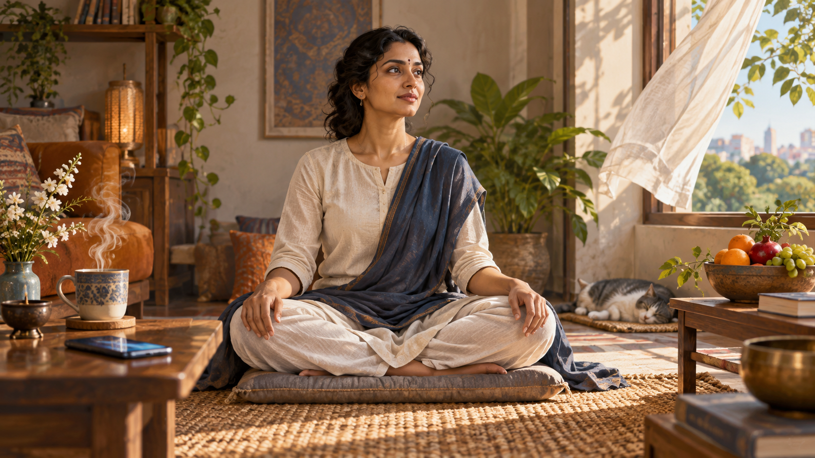 A calm person sits on a cushion while noticing a phone, steaming cup, fruit, sunlight, and a breeze without reaching toward them.