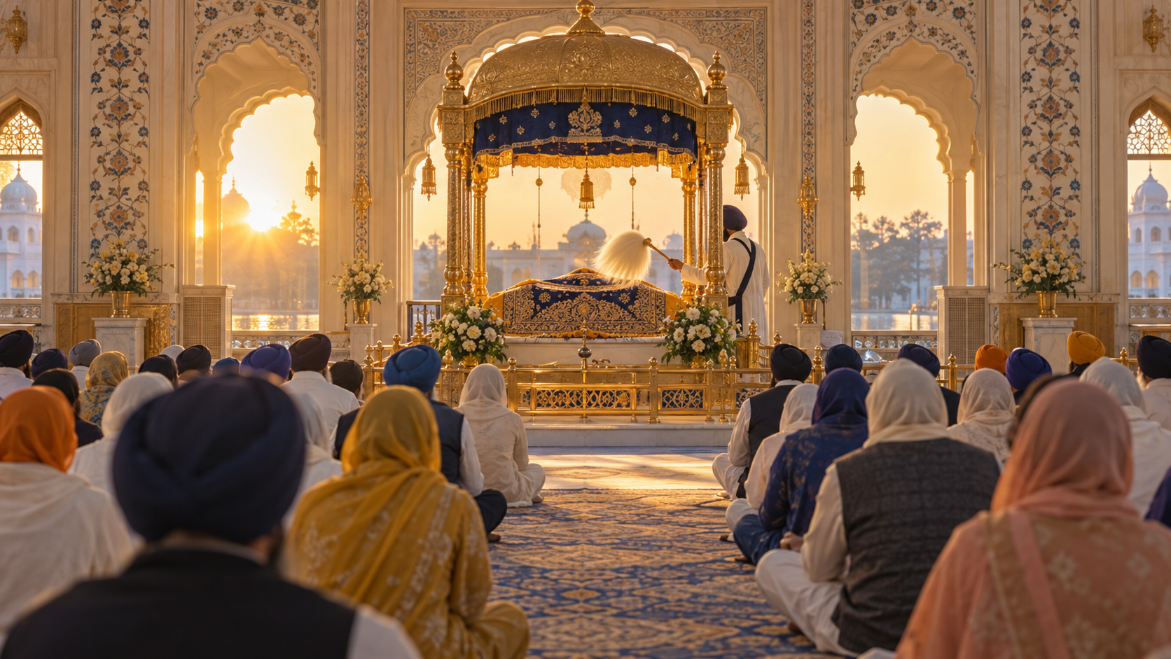 Morning light fills a gurdwara hall as a head-covered sevadar performs chaur seva before the enthroned Guru Granth Sahib and a seated congregation.