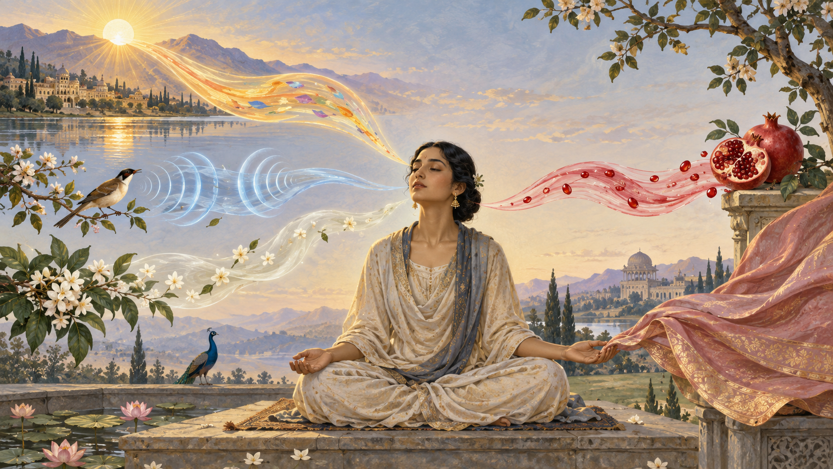 Five sensory scenes involving light, sound, fragrance, fruit, and fabric flow toward a calmly seated observer.