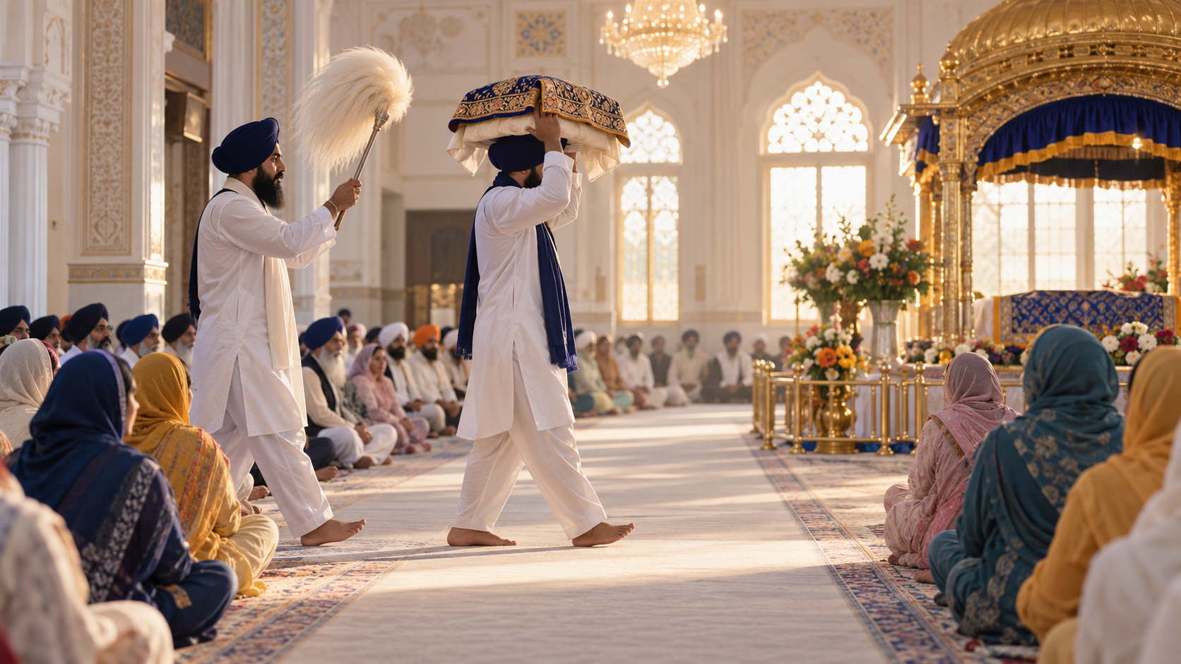 Two head-covered sevadars carry the wrapped Guru Granth Sahib and perform chaur seva during a morning procession through a seated congregation.