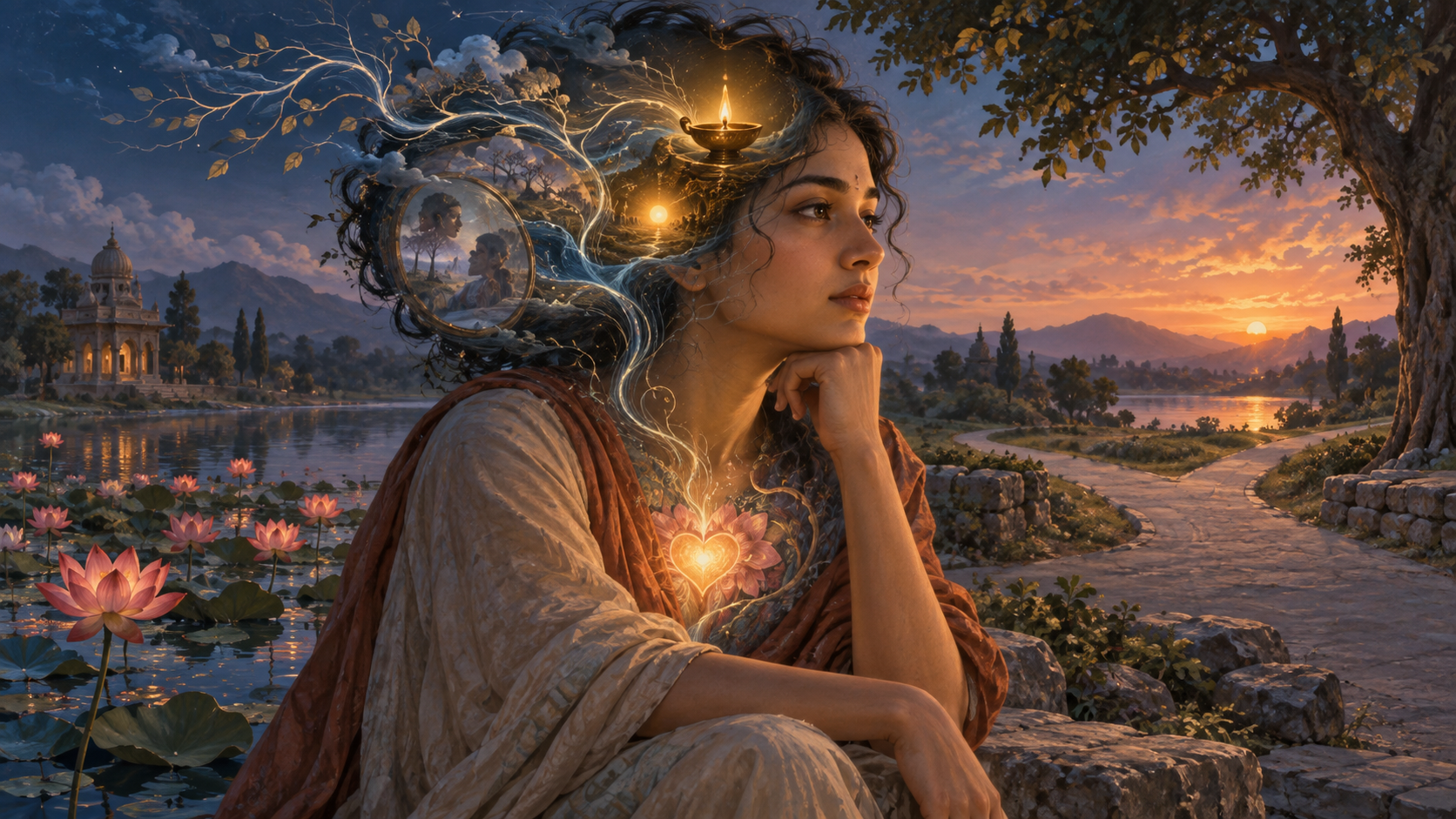 A person pauses by a lotus pond amid branching currents, a steady lamp, a reflective mirror, and a central light.