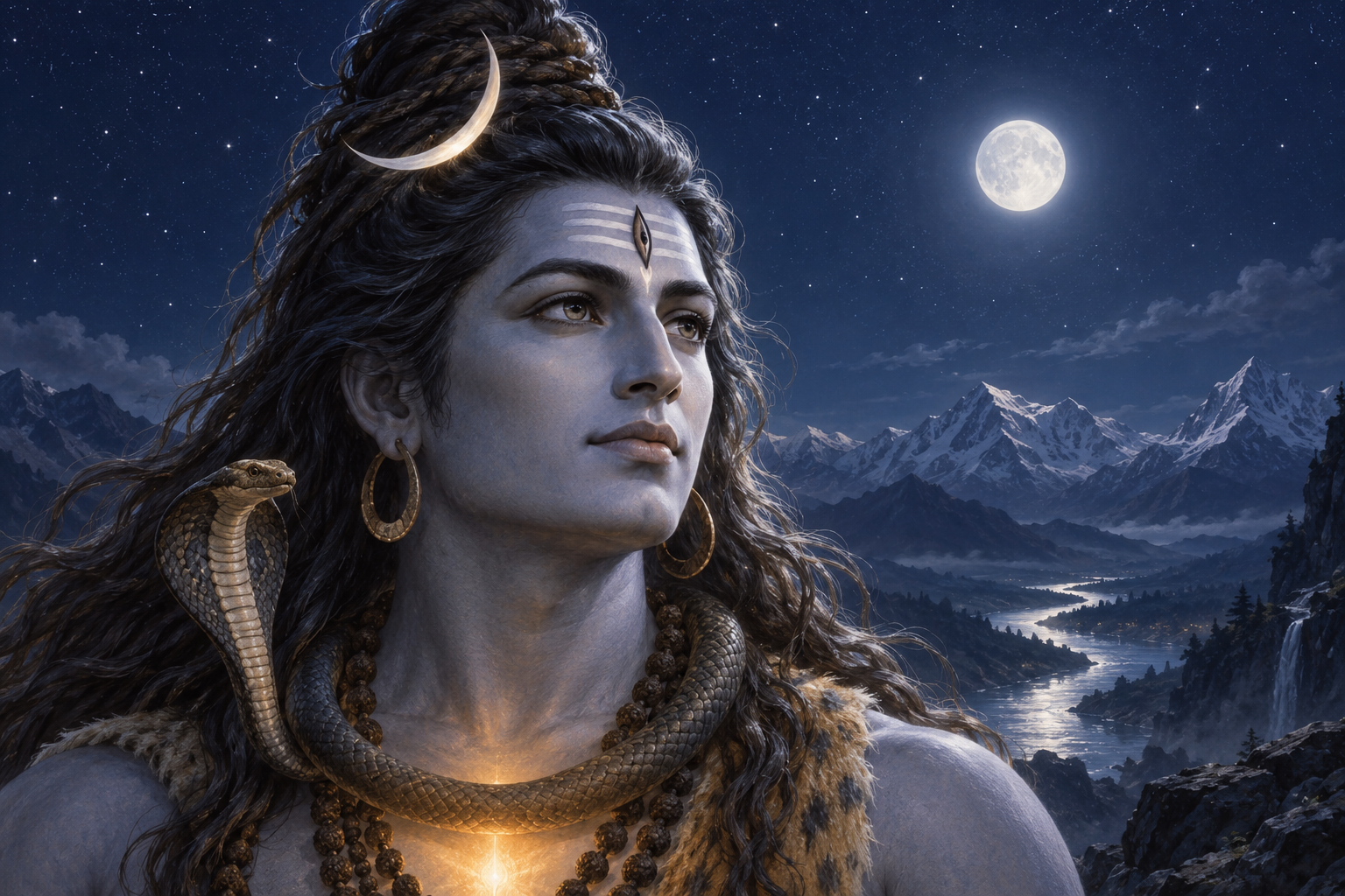 A serene depiction of Shiva with open eyes, matted hair, and a glowing crescent moon against a Himalayan night sky.