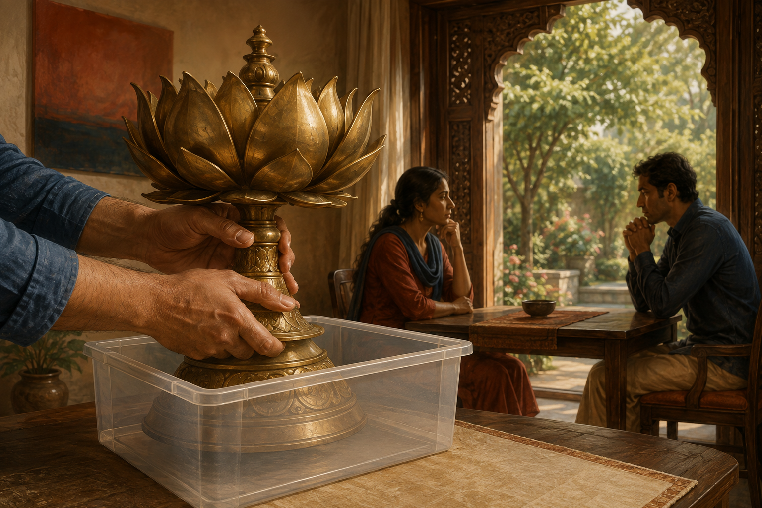 Hands try to place an ornate lotus-shaped brass lamp into a plain box while two adults sit across from each other at a nearby table.