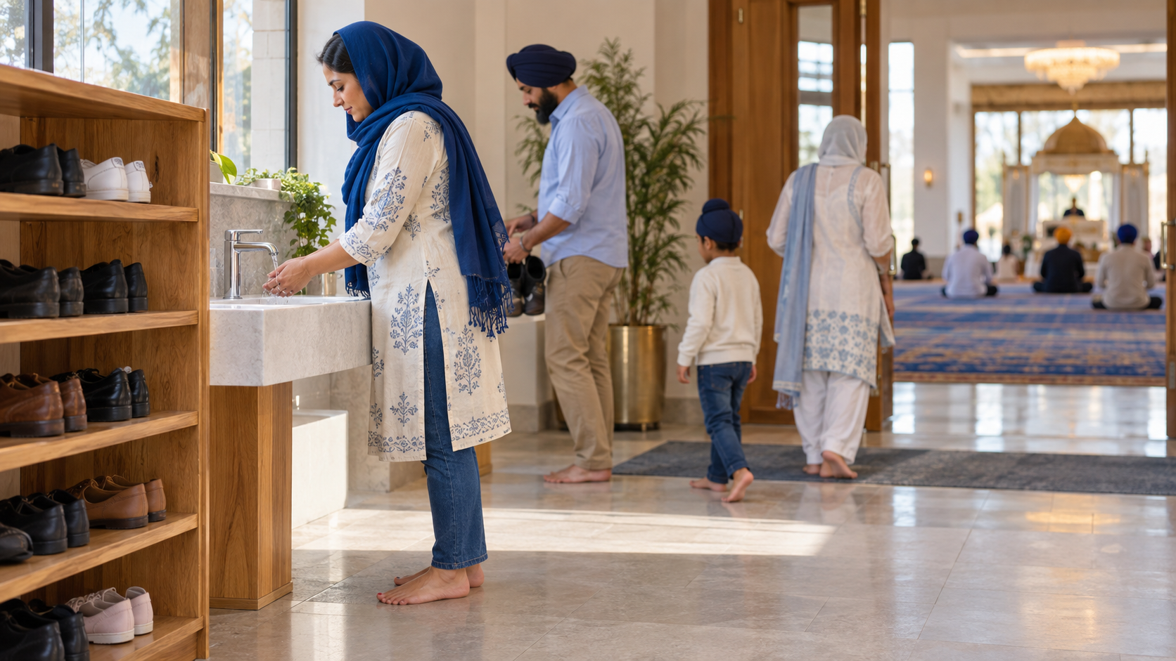 A barefoot visitor with a covered head washes their hands beside a gurdwara shoe rack before entering the prayer hall.