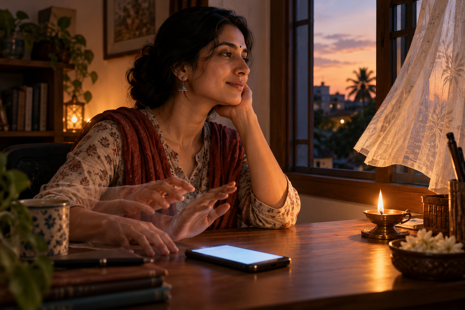 A person pauses before reaching for a glowing smartphone and turns toward an oil lamp and open window.
