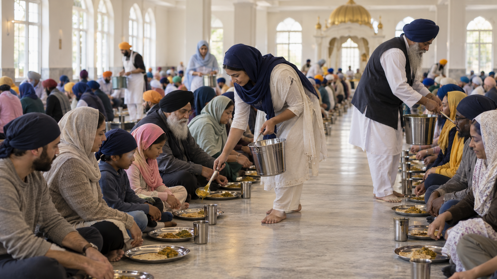 Head-covered diners from varied backgrounds sit together in rows while volunteers serve a communal langar meal in a gurdwara.