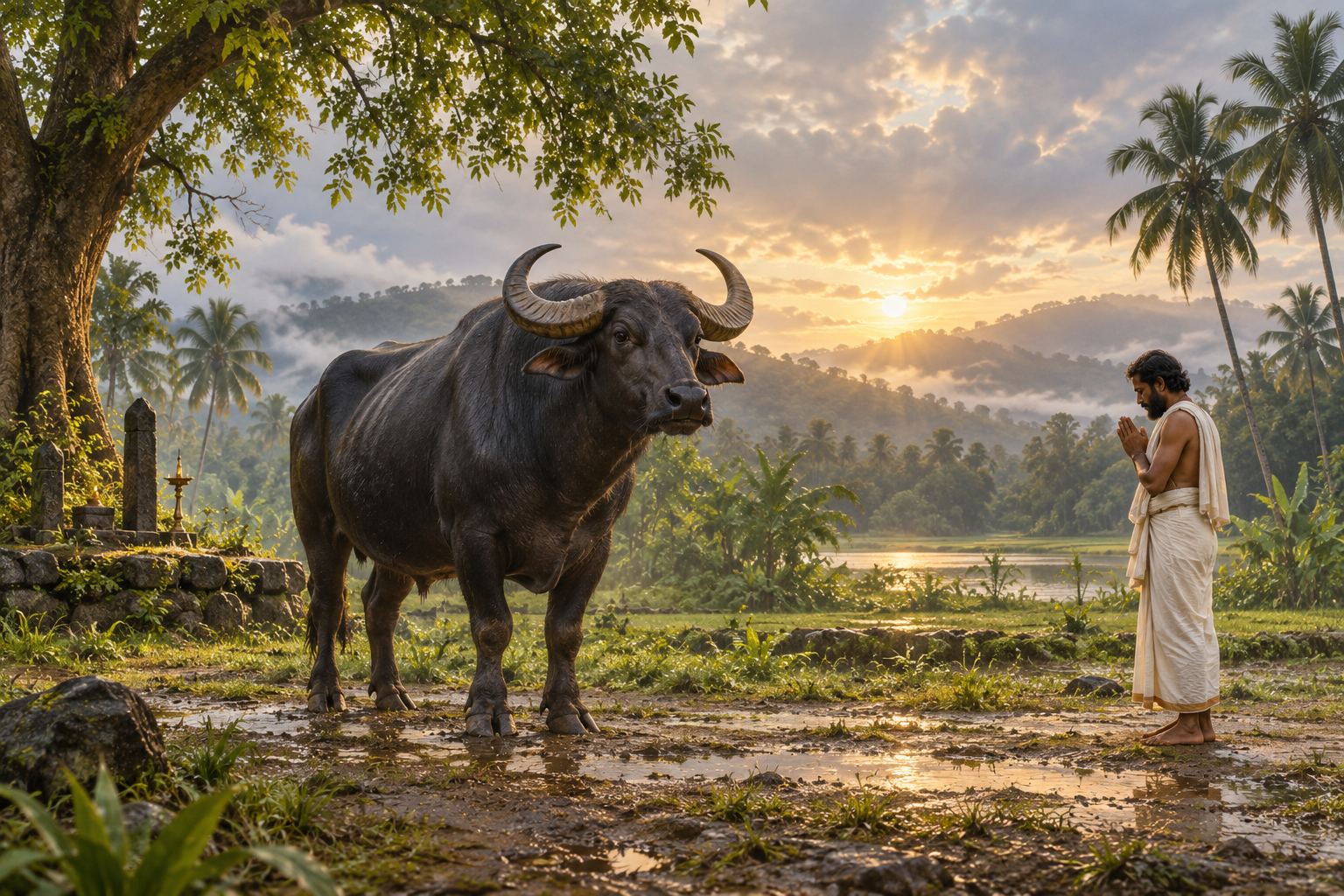 A devotee stands with folded hands before a dark water buffalo in a tree-filled open sacred landscape in Kerala at dawn.