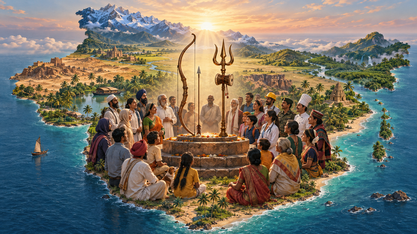 A bow and a trident stand together on one stone platform before a diverse gathering, with Indian terrain extending from mountains to coast behind them.