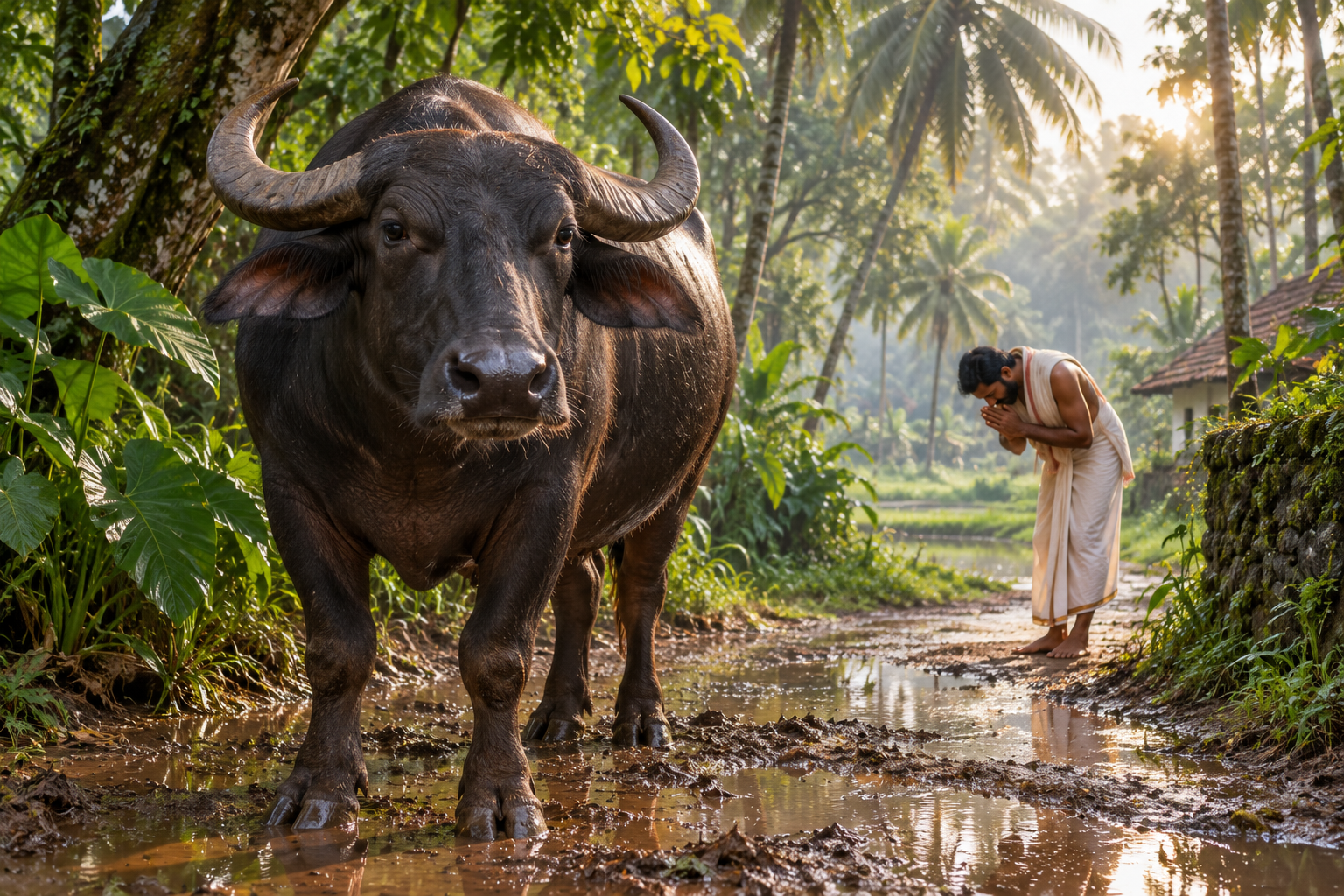 A barefoot devotee bows before a dark water buffalo on a rain-damp path in a Kerala grove.