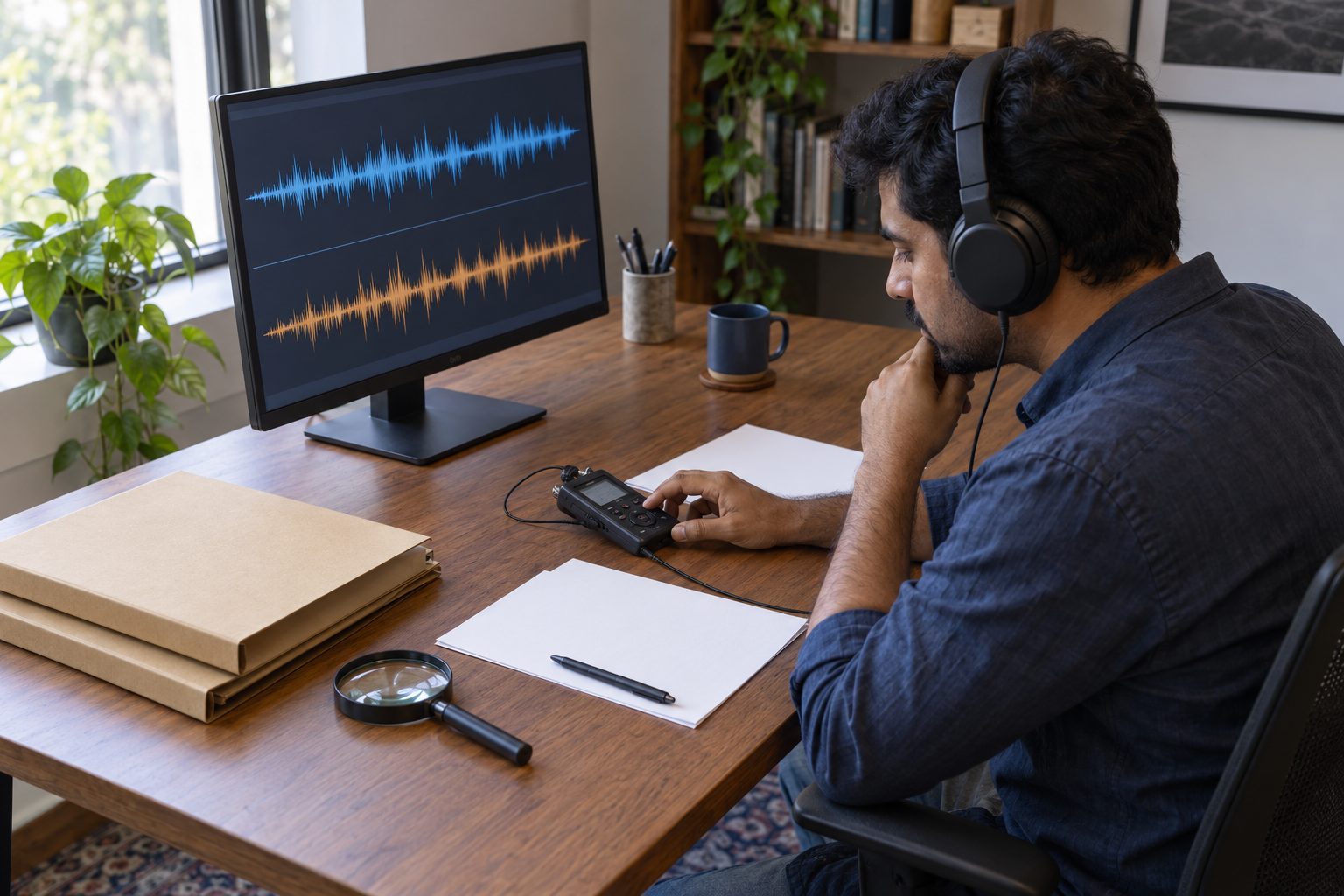 A researcher wearing headphones examines an audio recorder and two abstract waveforms at a desk with blank notes and source folders.