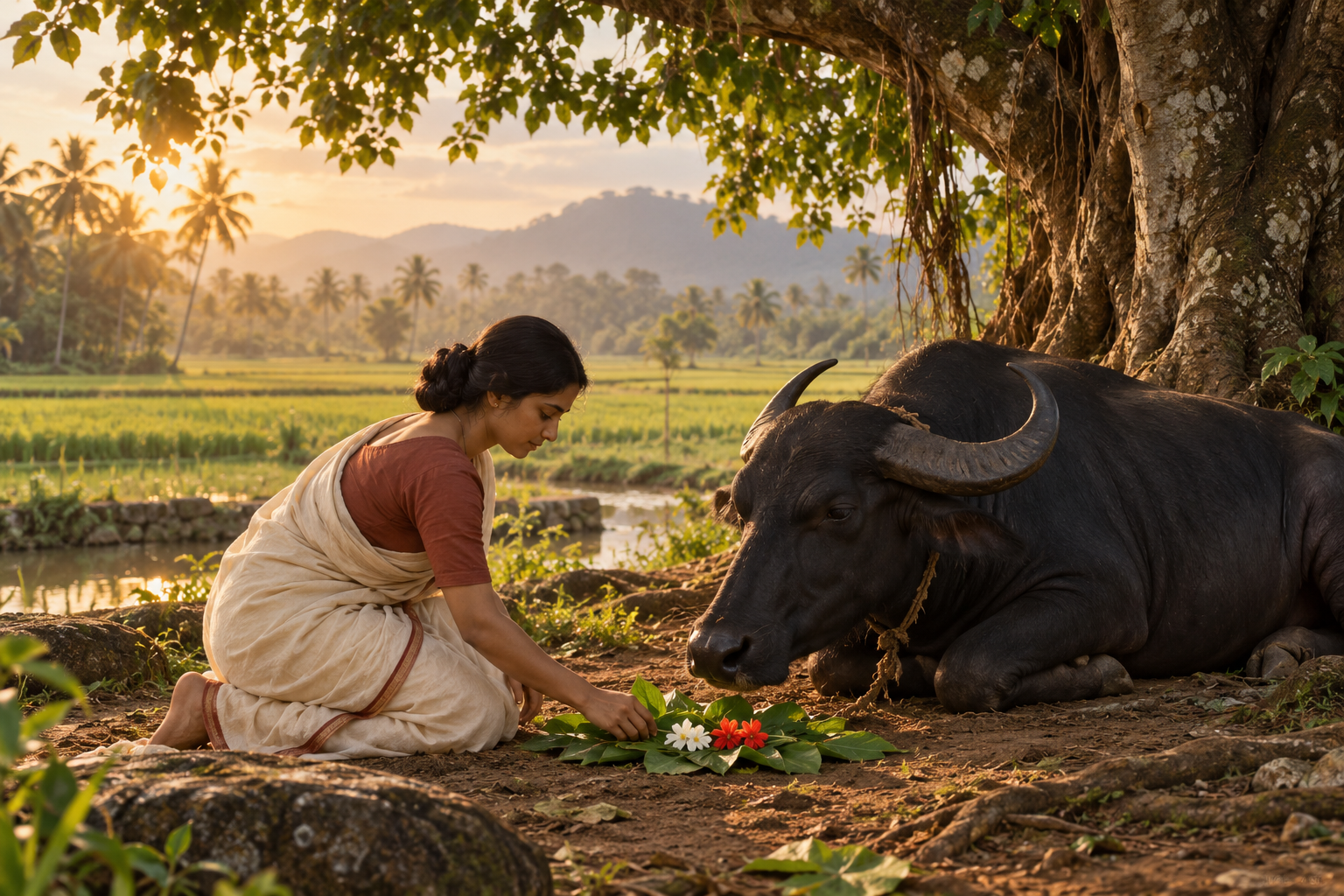 A kneeling devotee places leaves and flowers before a calm black buffalo beneath a large tree in rural Kerala.