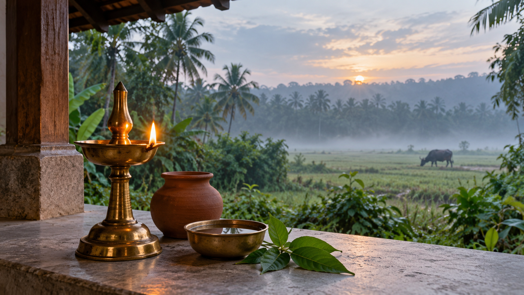A brass oil lamp, bowl of water, leaves, and clay vessel sit on a veranda overlooking a buffalo in a misty Kerala field.