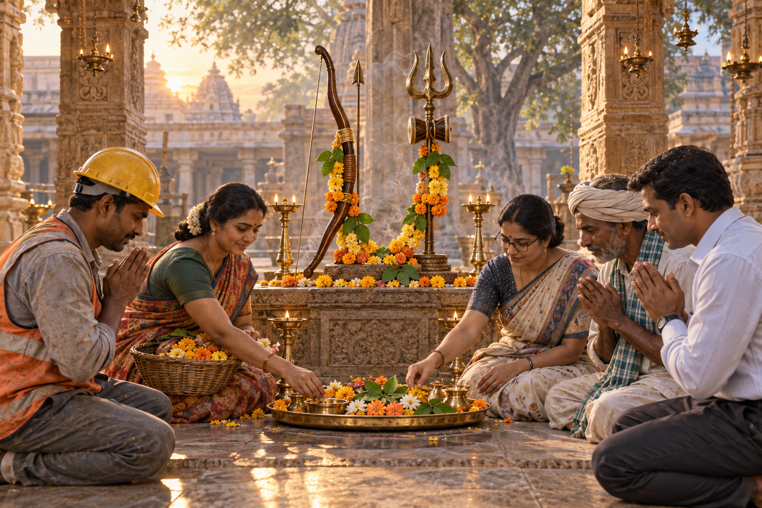 Worshippers from varied occupations offer flowers together before a shared shrine displaying a bow and a trident.