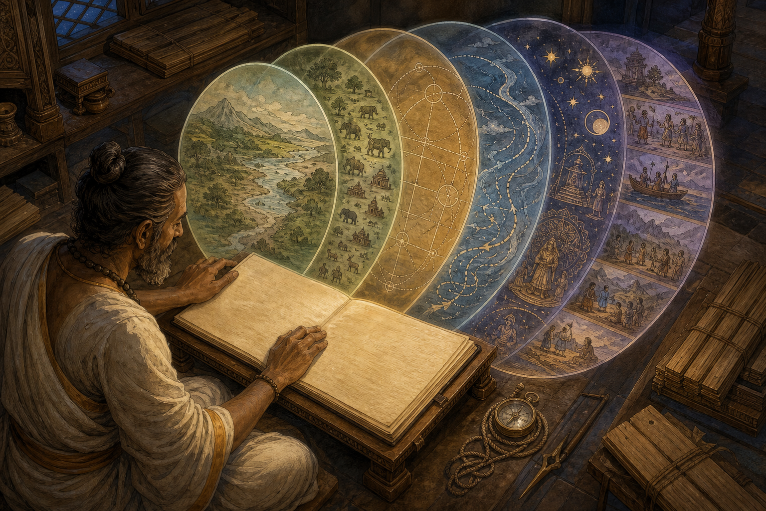 A scholar studies an unlettered manuscript through six translucent visual layers representing different methods of interpretation.