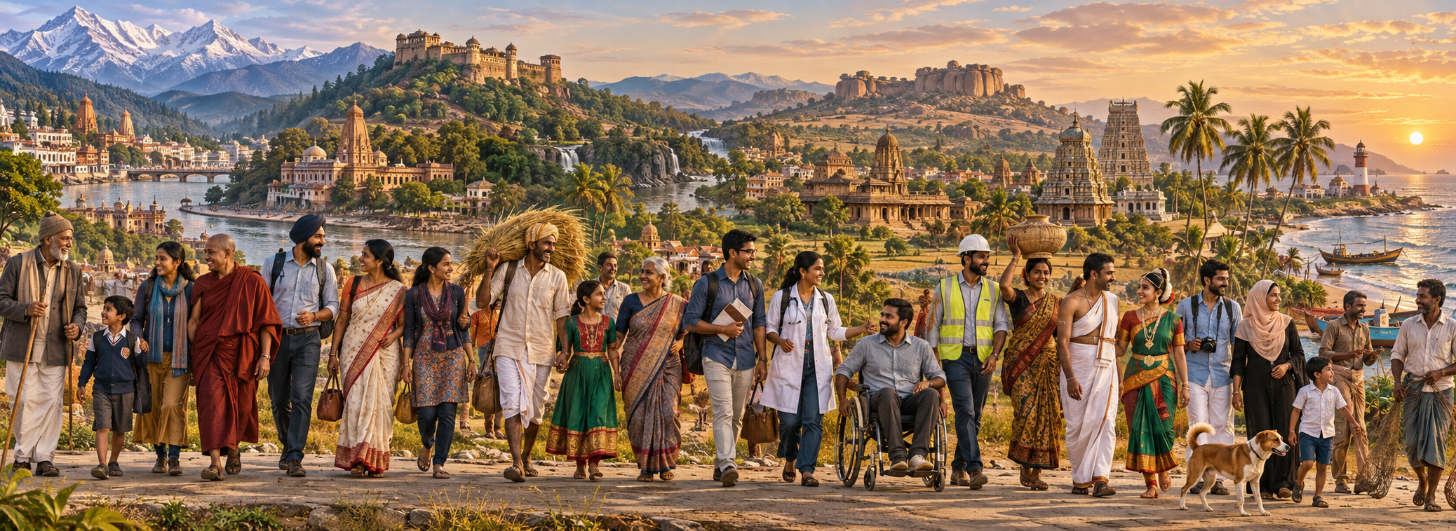 A continuous Indian landscape from mountains to southern coast is crossed by an intermingled procession of people from many regions and occupations.