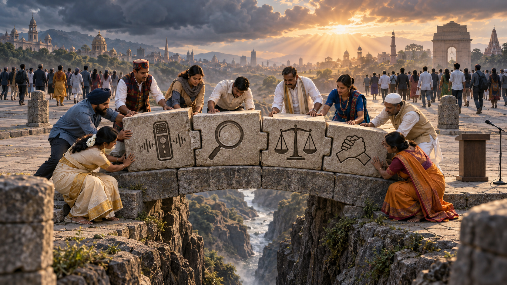 Citizens build a bridge across a cracked public plaza using blocks marked with pictograms of evidence, fairness, and cooperation.