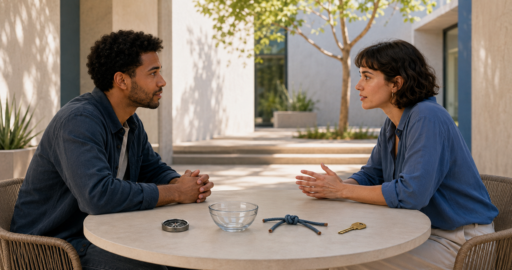 Two adults have a direct conversation across a round table holding a compass, a glass bowl, a cord, and a house key.