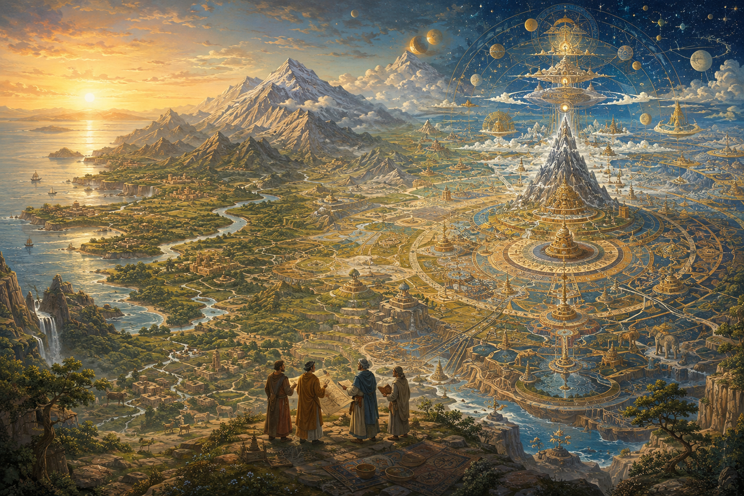 A continuous landscape blends rivers and mountains with concentric sacred geometry and layered celestial realms as readers observe the transition.