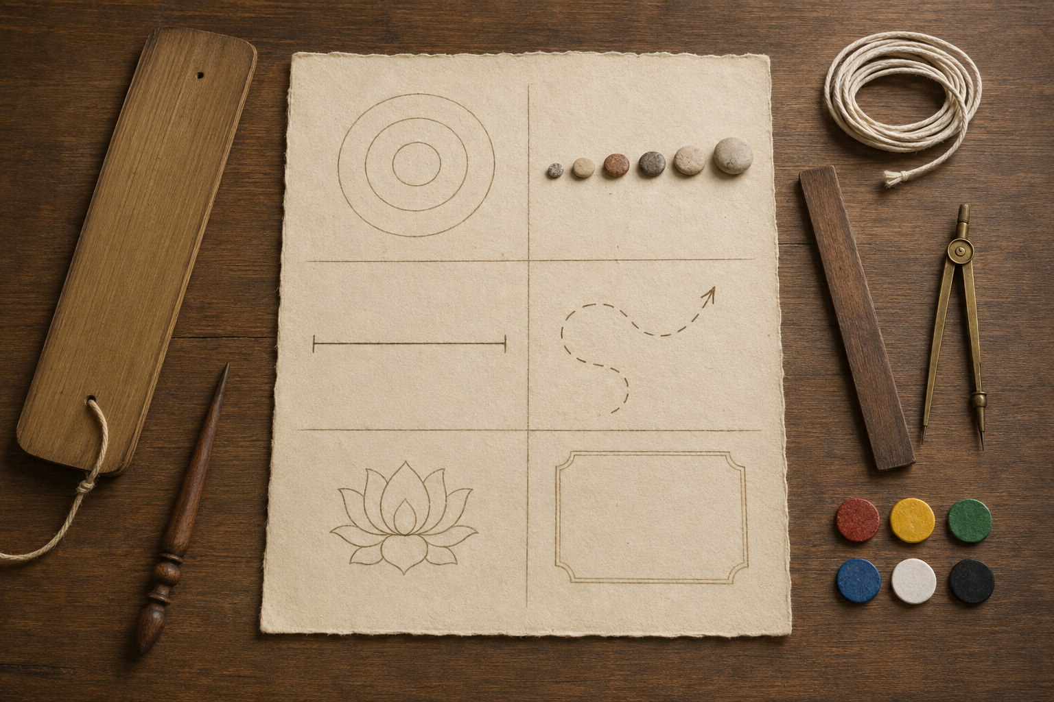 An overhead desk holds a blank six-part worksheet, an unlettered palm-leaf manuscript, measuring tools, and colored tokens.