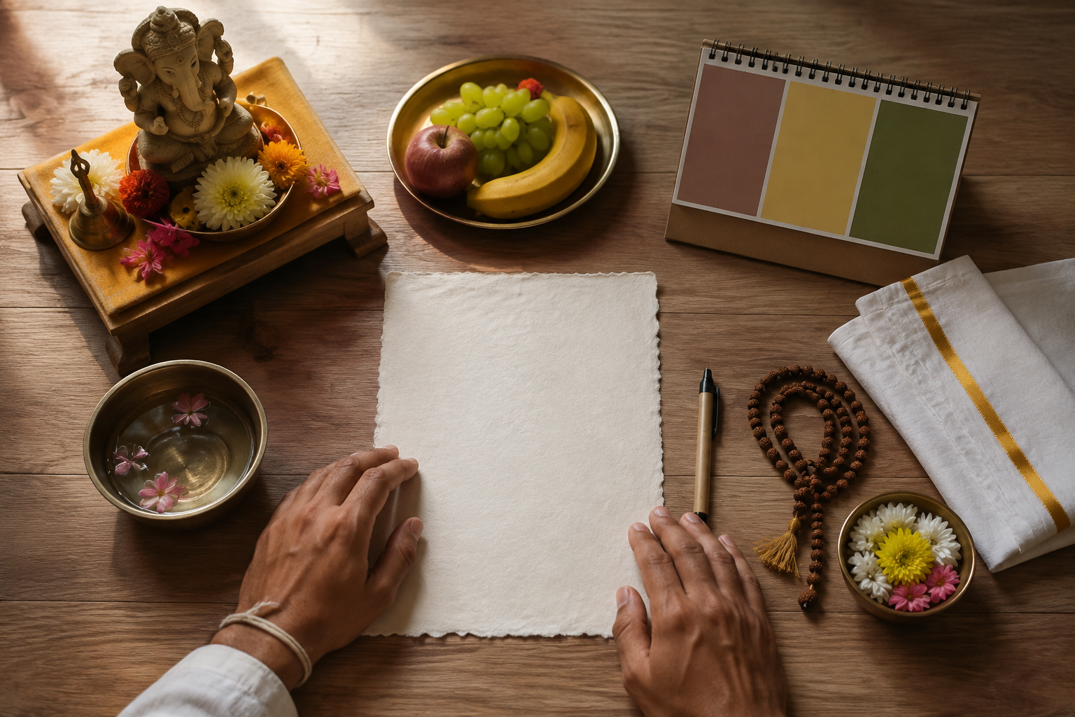 Hands rest beside blank paper, a pen, prayer beads, fruit, flowers, water, folded cloth, and a small Ganesha shrine during vow preparation.