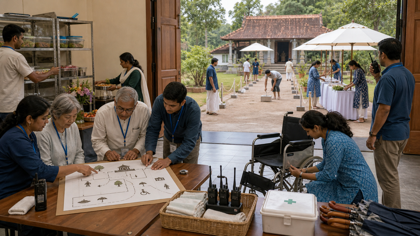 Temple volunteers organize refreshments, accessibility equipment, safety supplies, and visitor routes before an open house.