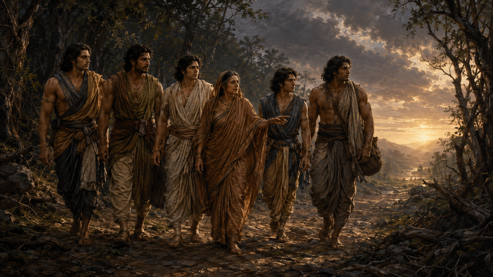 Kunti walks calmly with her five sons through a dark forest toward warm dawn light, keeping the closely gathered family moving together.