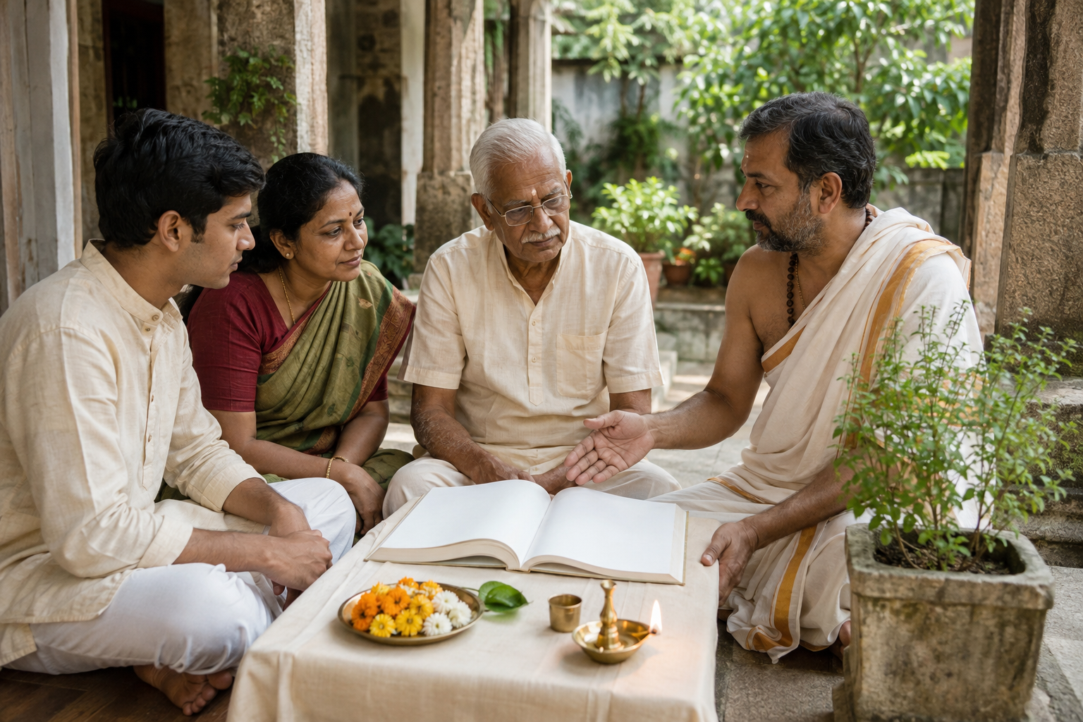 A family consults a ritual guide beside a blank almanac and simple puja materials in a temple courtyard.