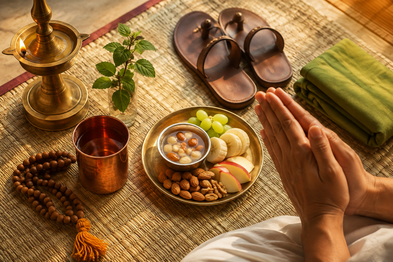 Hands in a prayer gesture rest near prayer beads, water, fruit, walking sandals, a folded exercise cloth, and tulsi leaves.