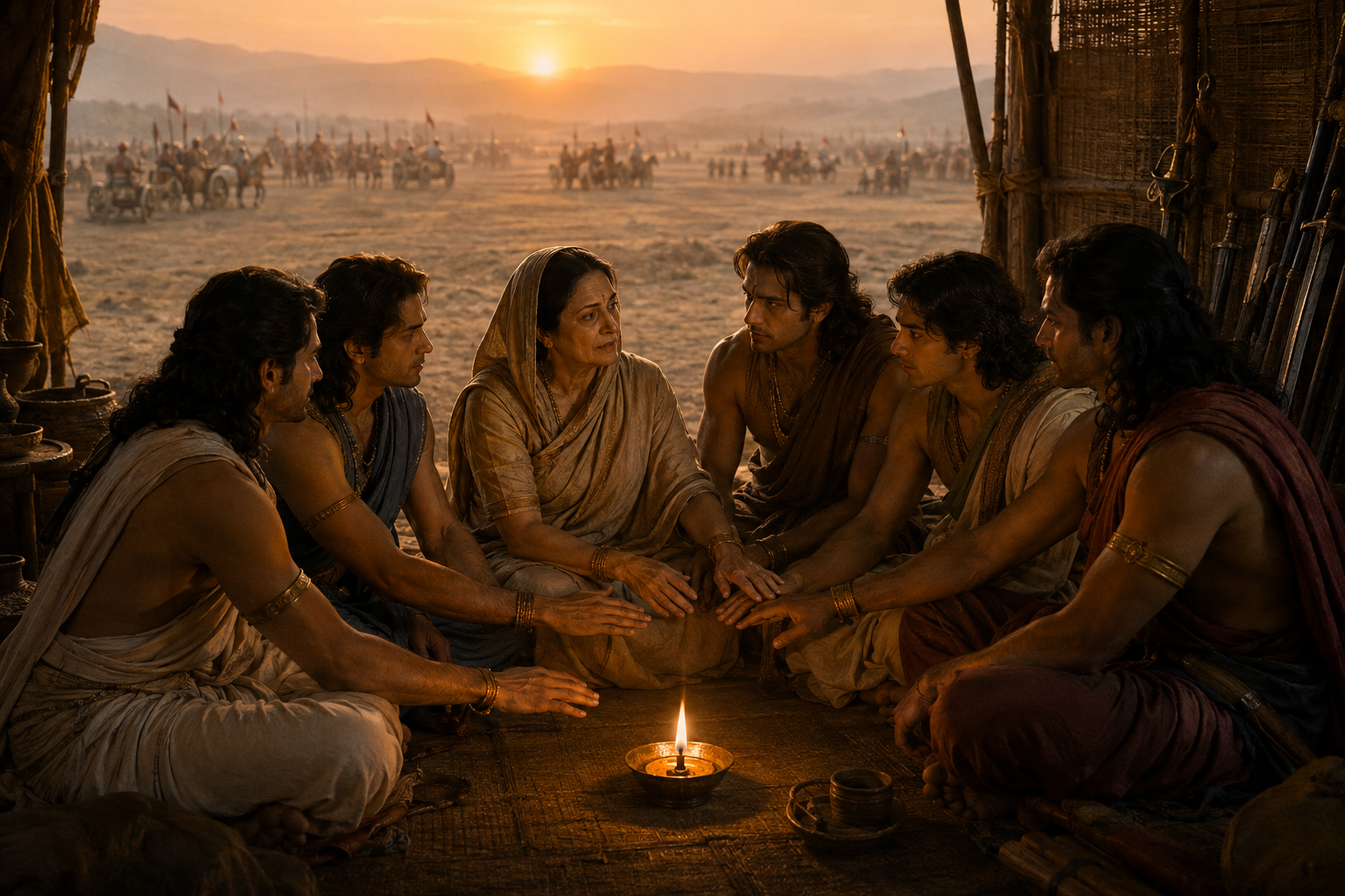 Kunti sits in lamplight with the five Pandava brothers in a simple shelter while distant armies gather on a hazy battlefield.