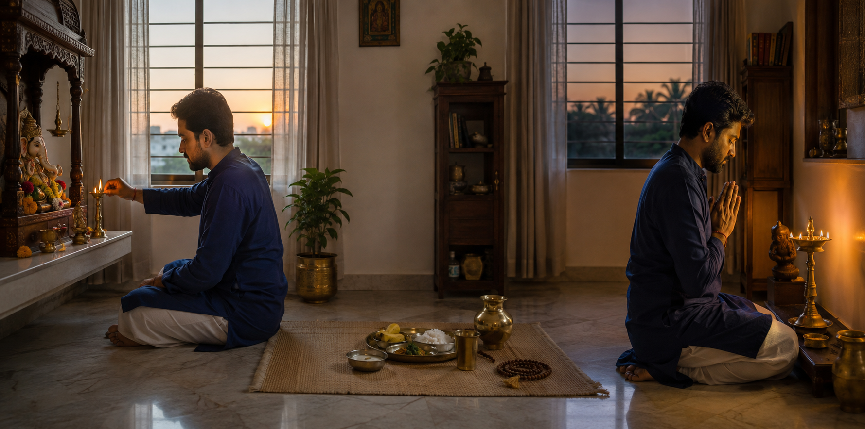 A devotee observes morning and evening prayer around a simple Ganesha shrine, with prayer beads, water, and a plate of sattvic food prepared nearby.
