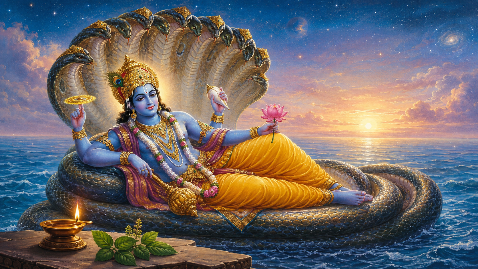 Devotional illustration of Lord Vishnu turning gently while reclining beneath the many hoods of Ananta Shesha above a luminous cosmic ocean, with a lamp and tulsi leaves in the foreground.