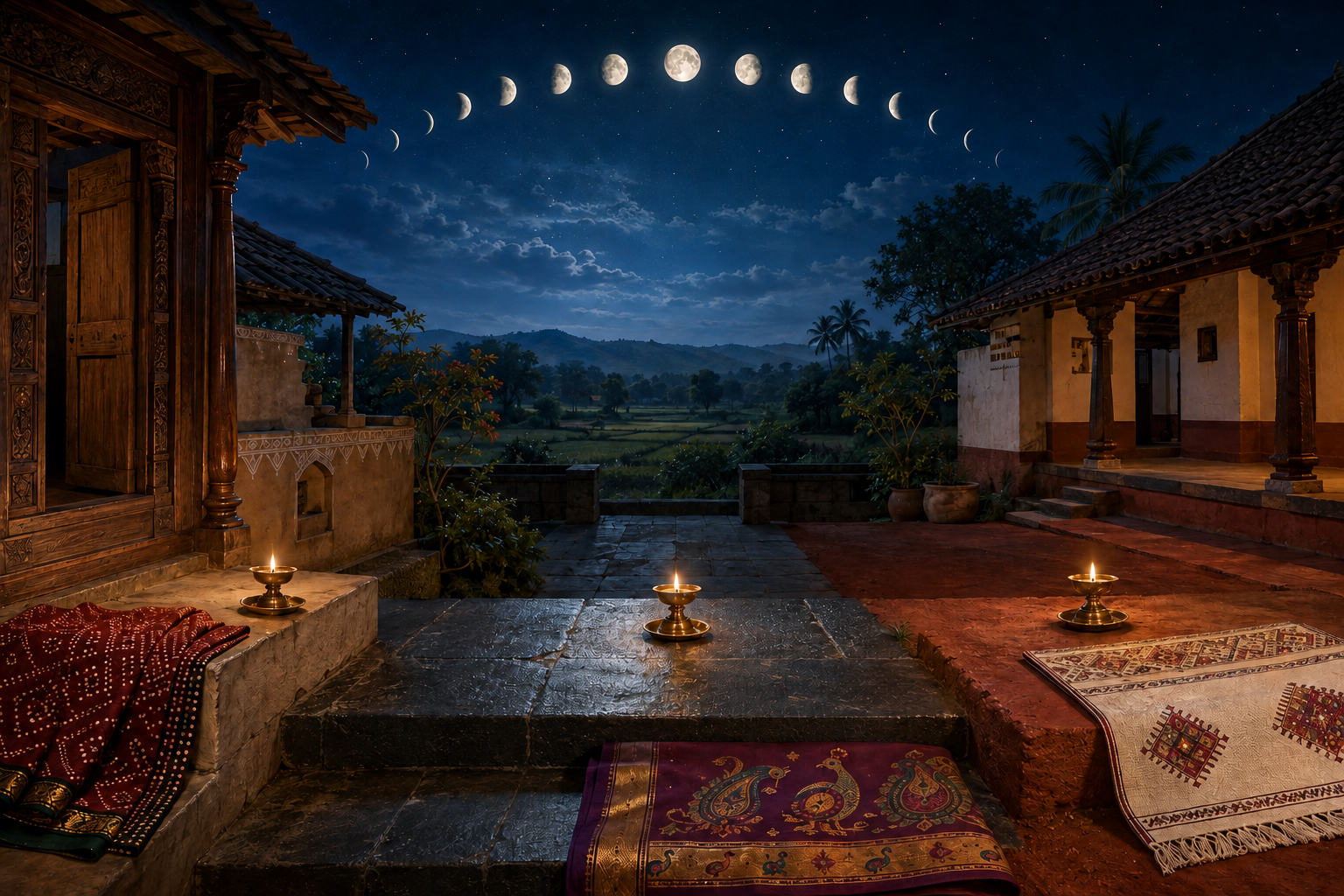 Three regionally styled Indian courtyards are united by a sequence of moon phases and glowing brass oil lamps.