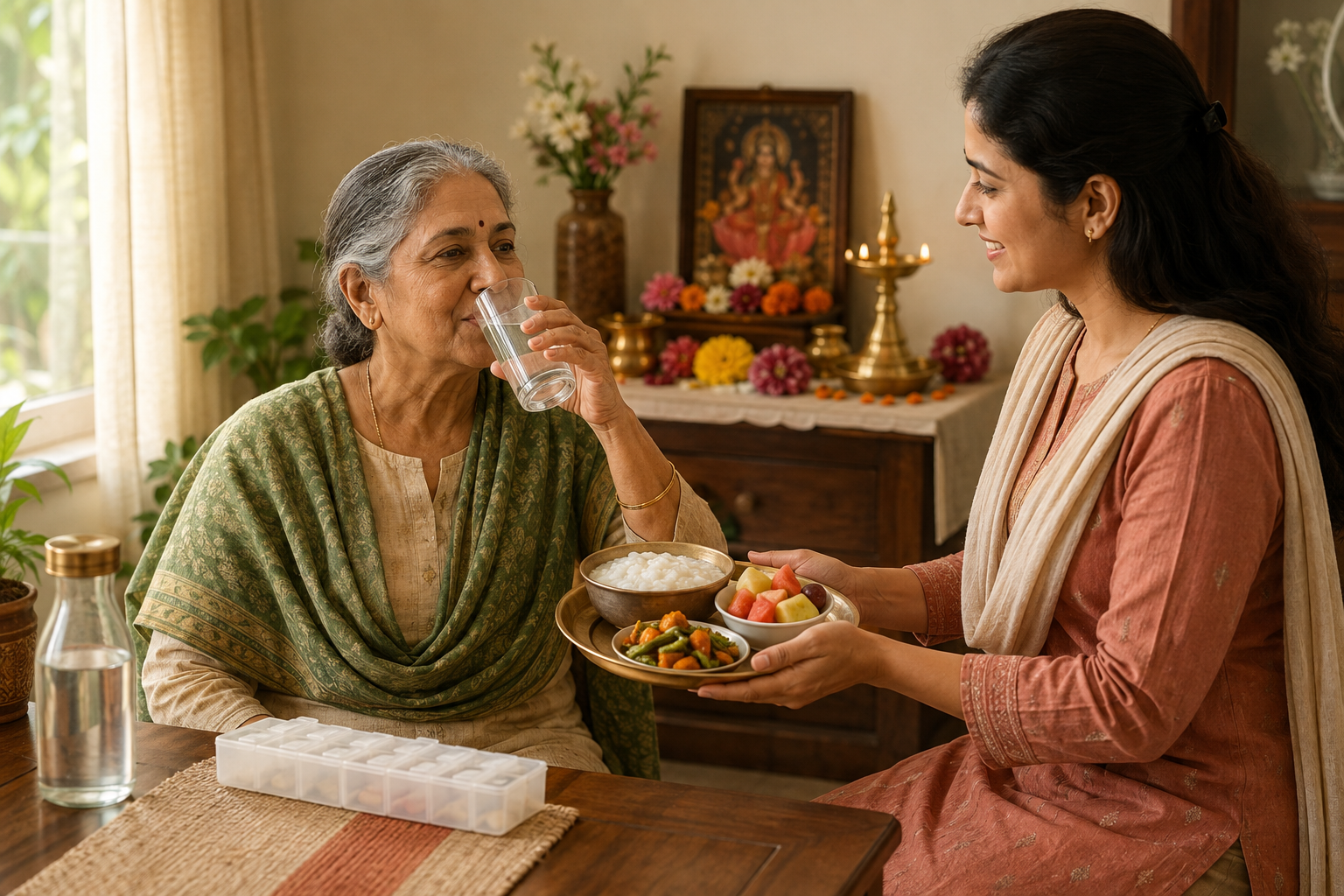 An older devotee drinks water as a family member offers a light meal, with an unlabelled medicine organizer and puja items nearby.