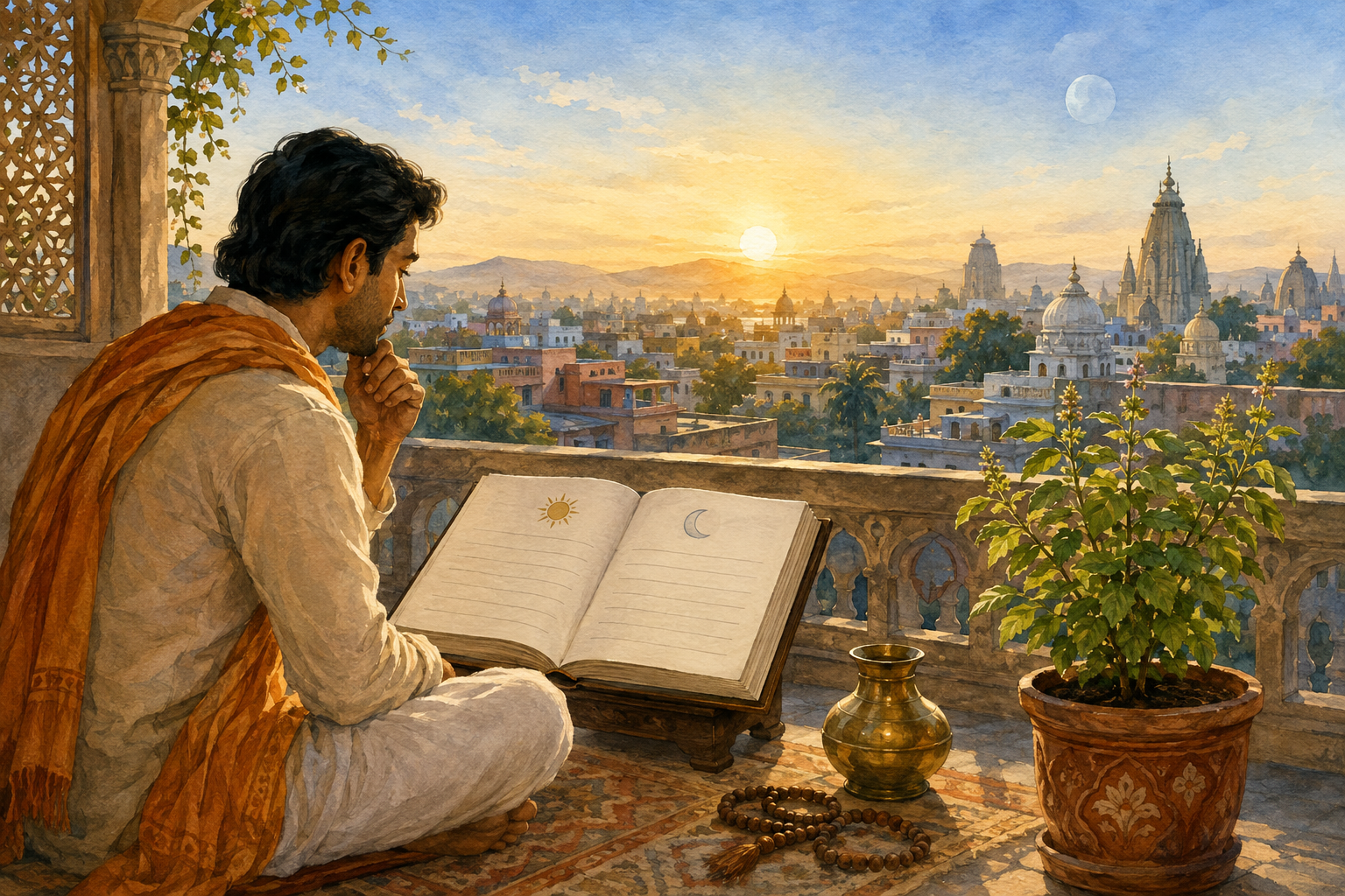 A devotee consults a symbol-only almanac on a balcony at sunrise while a faint moon hangs over a fictional city with temple spires and rooftops.