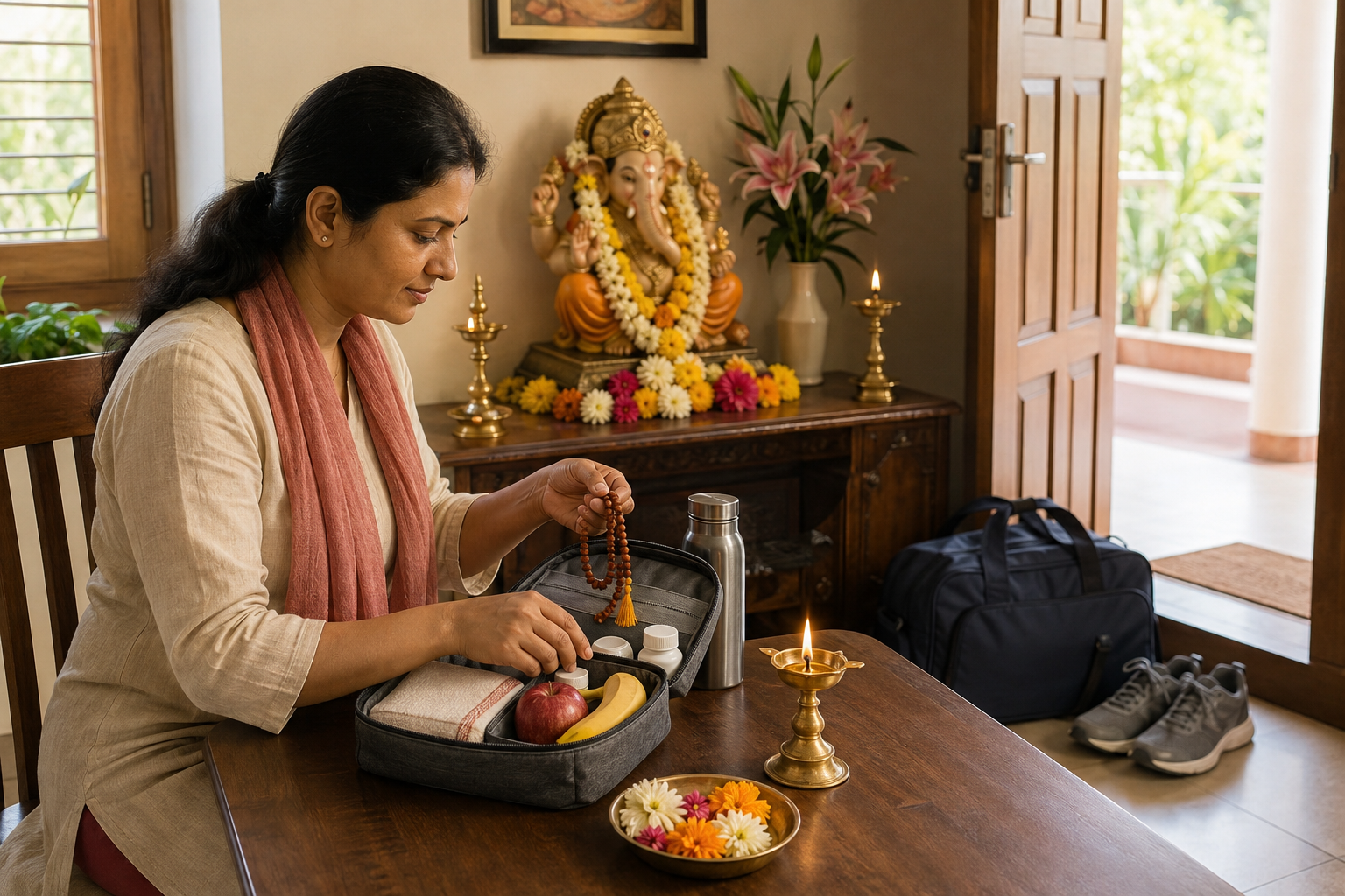 A devotee prepares prayer beads, fruit, water, plain medicine containers, and a travel bag beside a small Ganesha shrine.