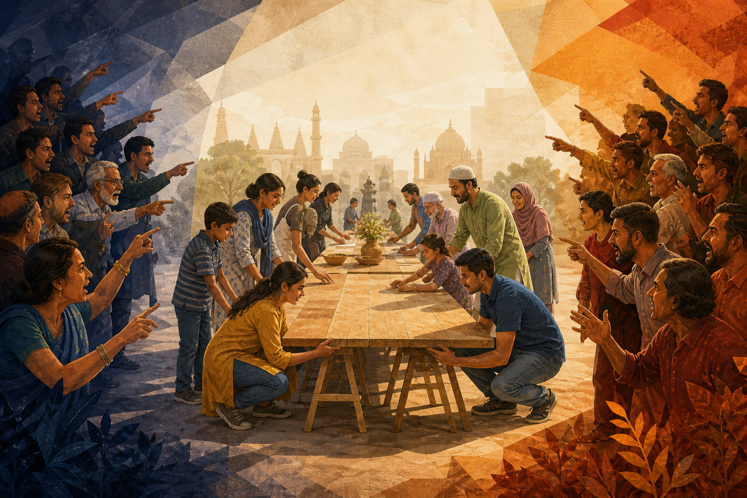 Two opposing crowds gesture from the edges while Hindu and Muslim neighbors assemble a communal table in the calm center.